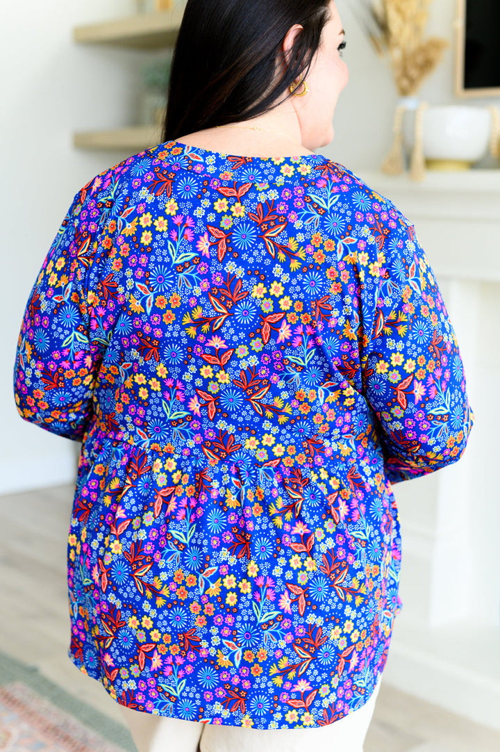 Lizzy Babydoll Top in Royal Retro Floral-Short Sleeve Tops-Inspired by Justeen-Women's Clothing Boutique