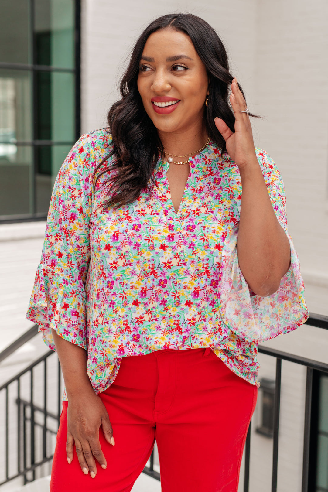 Lizzy Bell Sleeve Top in Lavender Multi Floral-Short Sleeve Tops-Inspired by Justeen-Women's Clothing Boutique in Chicago, Illinois