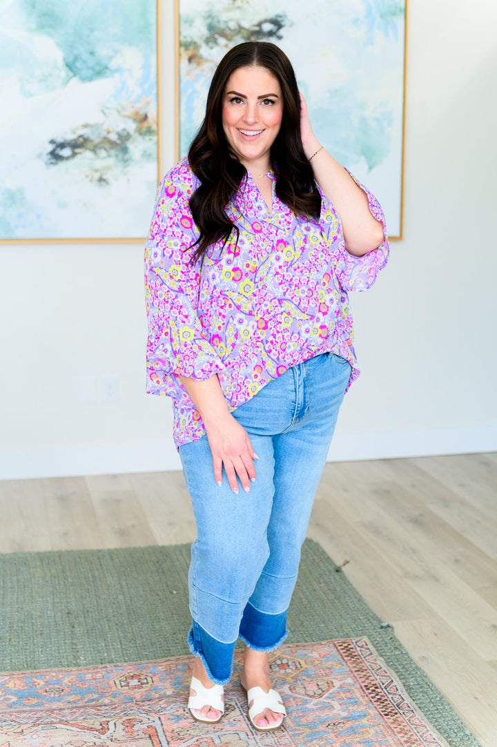 Lizzy Bell Sleeve Top in Lavender Retro Ditsy Floral-Short Sleeve Tops-Inspired by Justeen-Women's Clothing Boutique in Chicago, Illinois