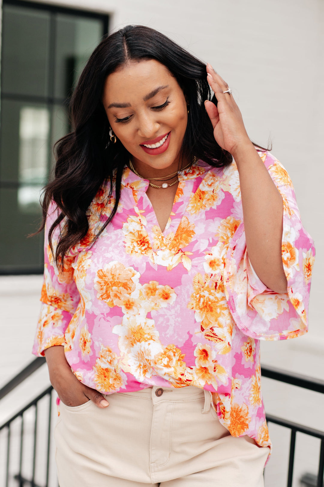Lizzy Bell Sleeve Top in Pink and Gold Floral-Short Sleeve Tops-Inspired by Justeen-Women's Clothing Boutique in Chicago, Illinois