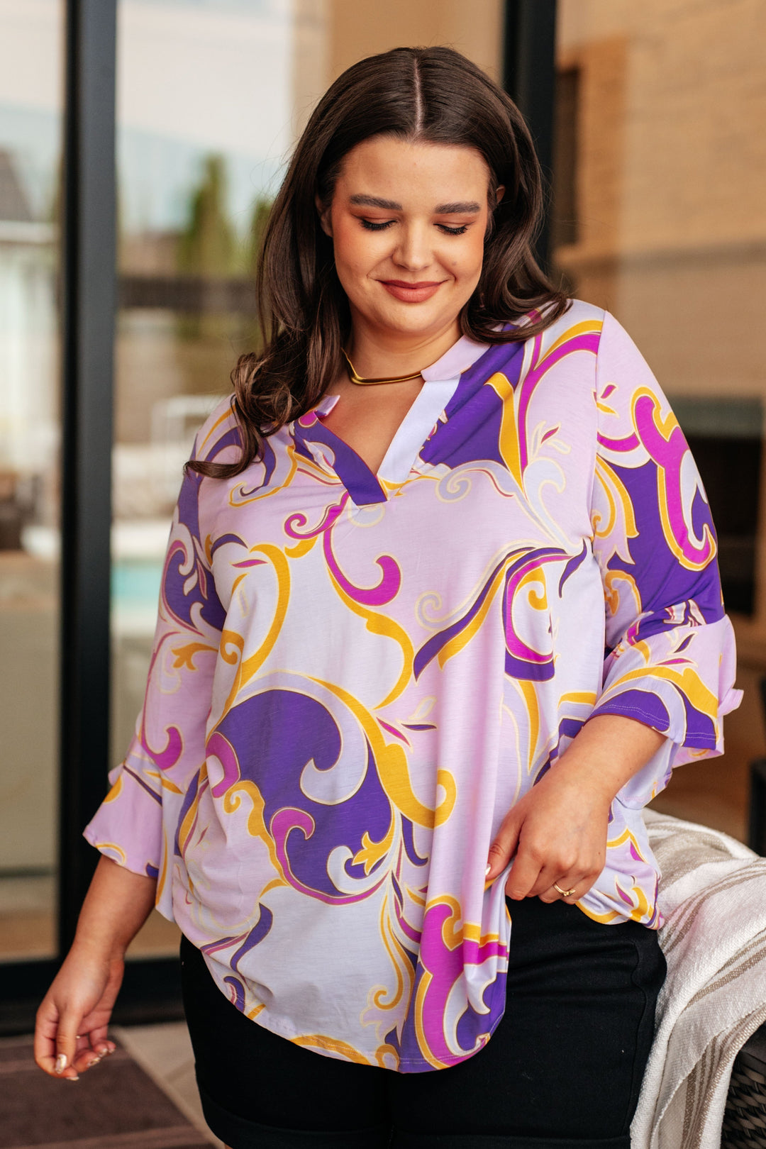 Lizzy Bell Sleeve Top in Regal Lavender and Gold-Short Sleeve Tops-Inspired by Justeen-Women's Clothing Boutique in Chicago, Illinois