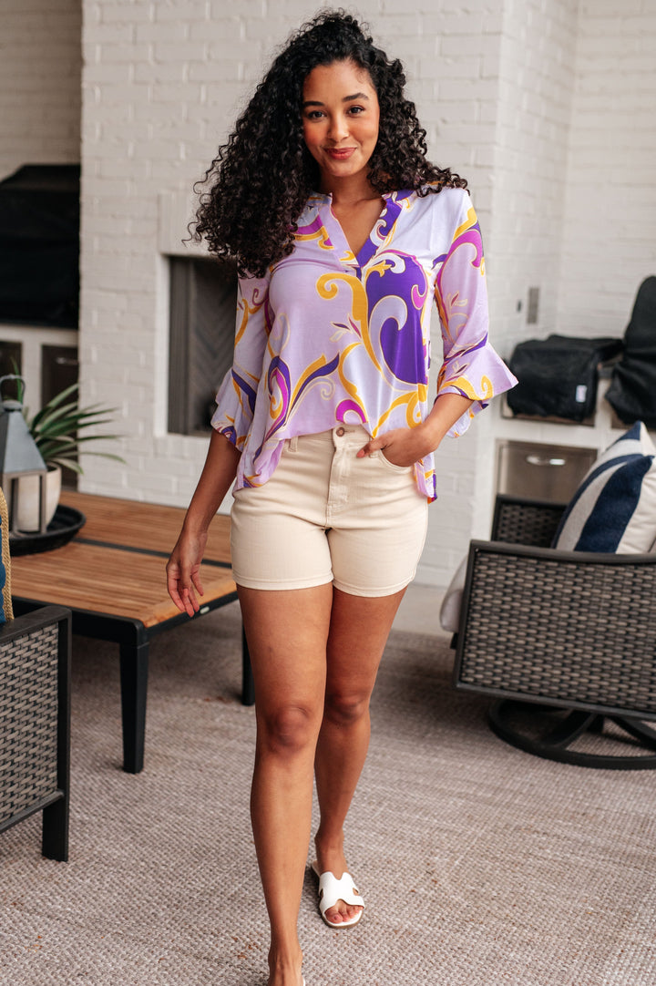 Lizzy Bell Sleeve Top in Regal Lavender and Gold-Short Sleeve Tops-Inspired by Justeen-Women's Clothing Boutique