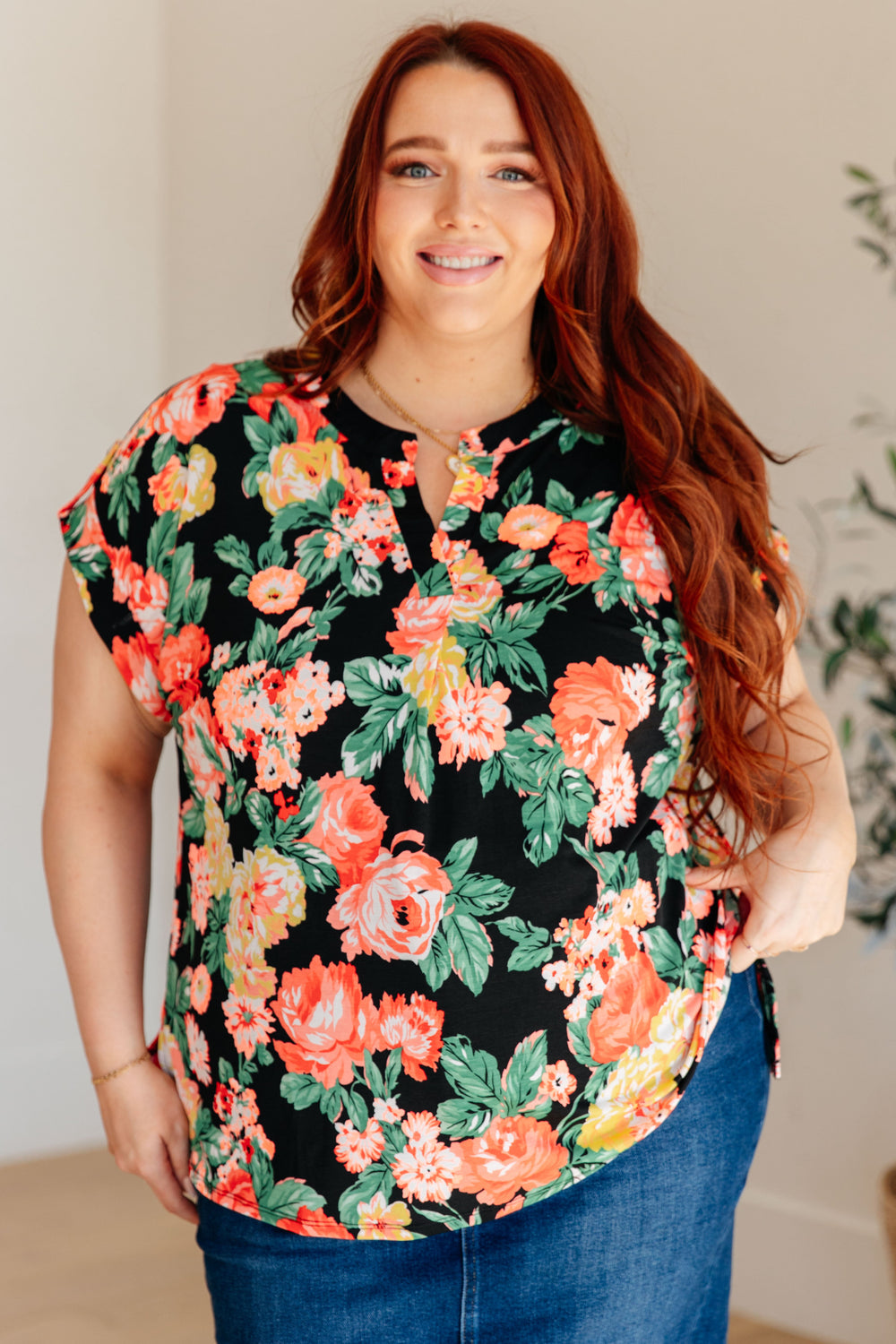 Lizzy Cap Sleeve Top in Black Garden Floral-Short Sleeve Tops-Inspired by Justeen-Women's Clothing Boutique in Chicago, Illinois