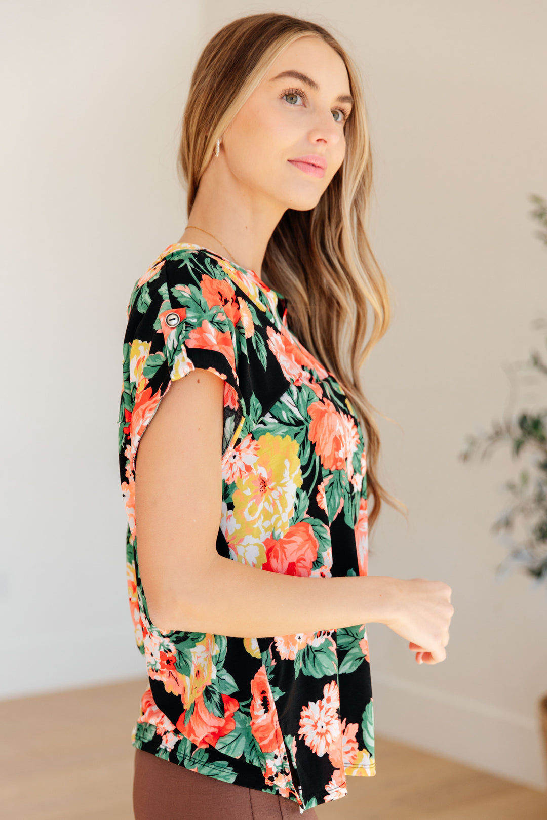 Lizzy Cap Sleeve Top in Black Garden Floral-Short Sleeve Tops-Inspired by Justeen-Women's Clothing Boutique in Chicago, Illinois