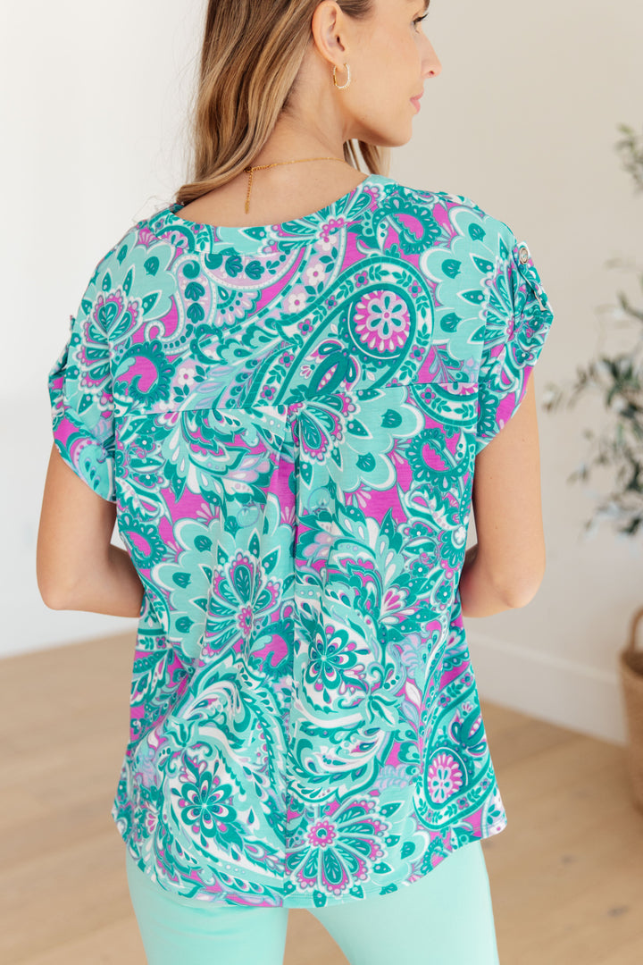 Lizzy Cap Sleeve Top in Magenta and Teal Paisley-Short Sleeve Tops-Inspired by Justeen-Women's Clothing Boutique