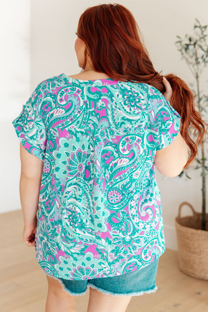 Lizzy Cap Sleeve Top in Magenta and Teal Paisley-Short Sleeve Tops-Inspired by Justeen-Women's Clothing Boutique in Chicago, Illinois