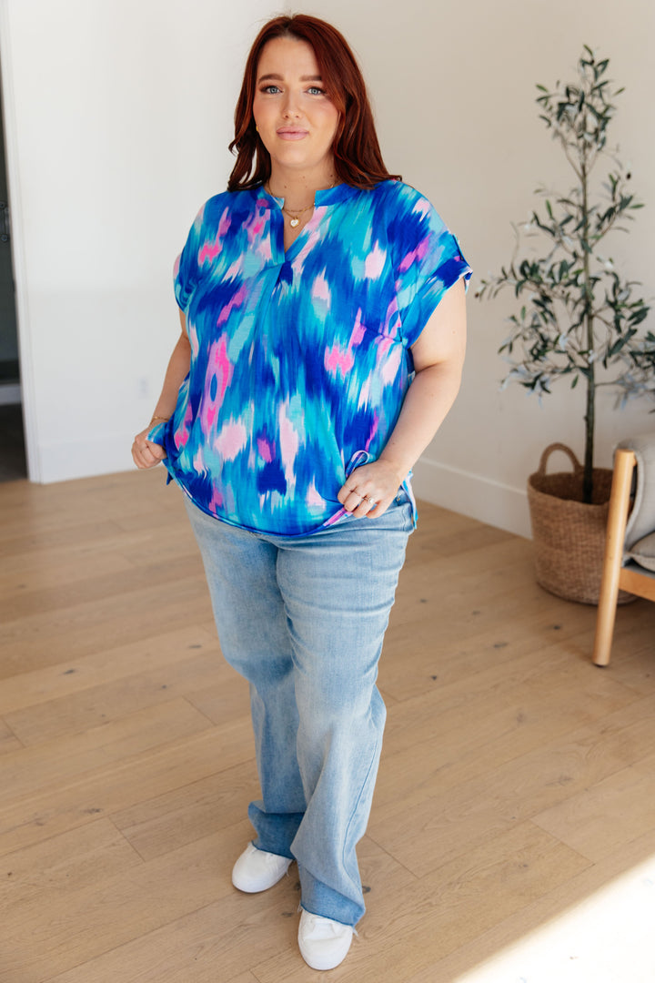Lizzy Cap Sleeve Top in Royal Brush Strokes-Short Sleeve Tops-Inspired by Justeen-Women's Clothing Boutique in Chicago, Illinois