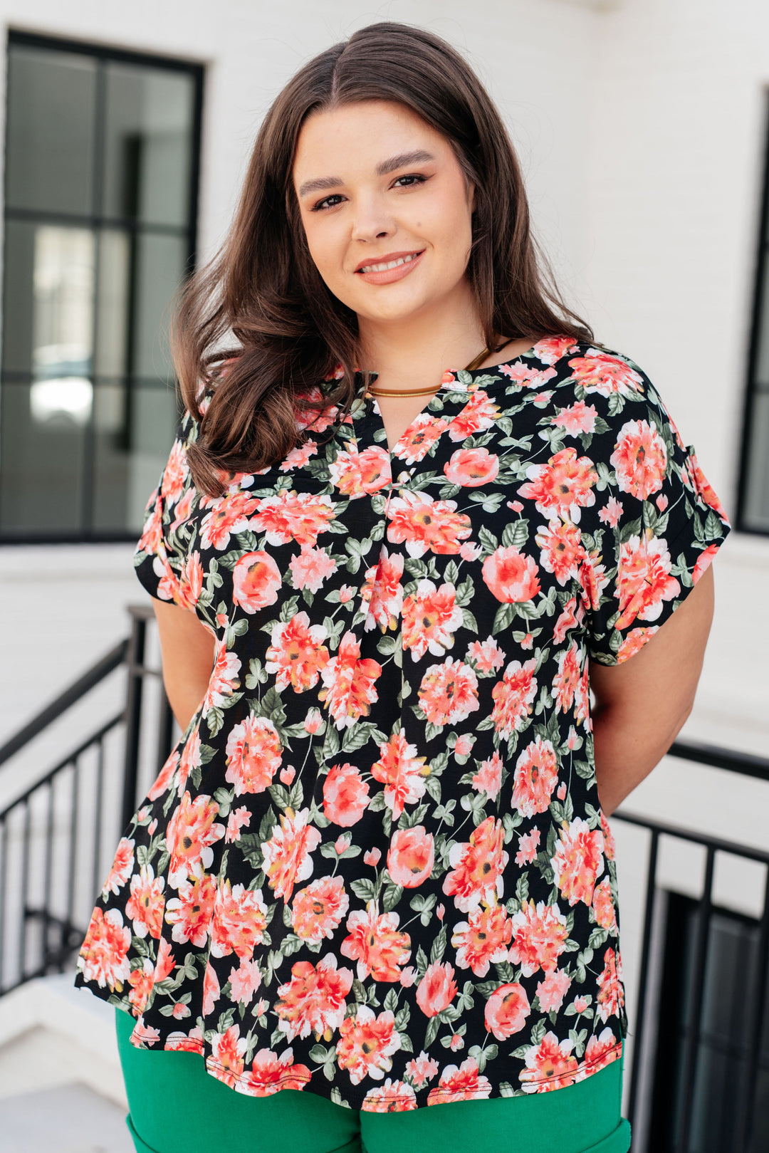 Lizzy Cap Sleeve Top in Black and Coral Floral-Short Sleeve Tops-Inspired by Justeen-Women's Clothing Boutique in Chicago, Illinois
