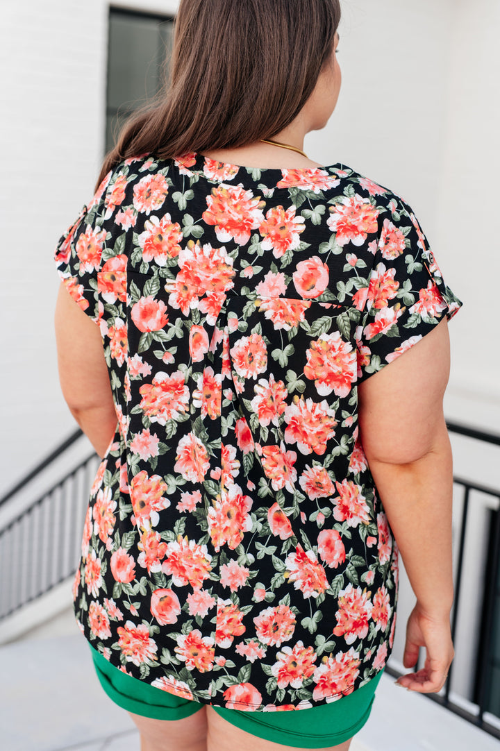 Lizzy Cap Sleeve Top in Black and Coral Floral-Short Sleeve Tops-Inspired by Justeen-Women's Clothing Boutique