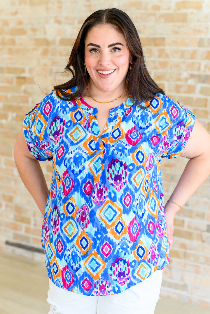 Lizzy Cap Sleeve Top in Blue and Magenta Ikat-Short Sleeve Tops-Inspired by Justeen-Women's Clothing Boutique