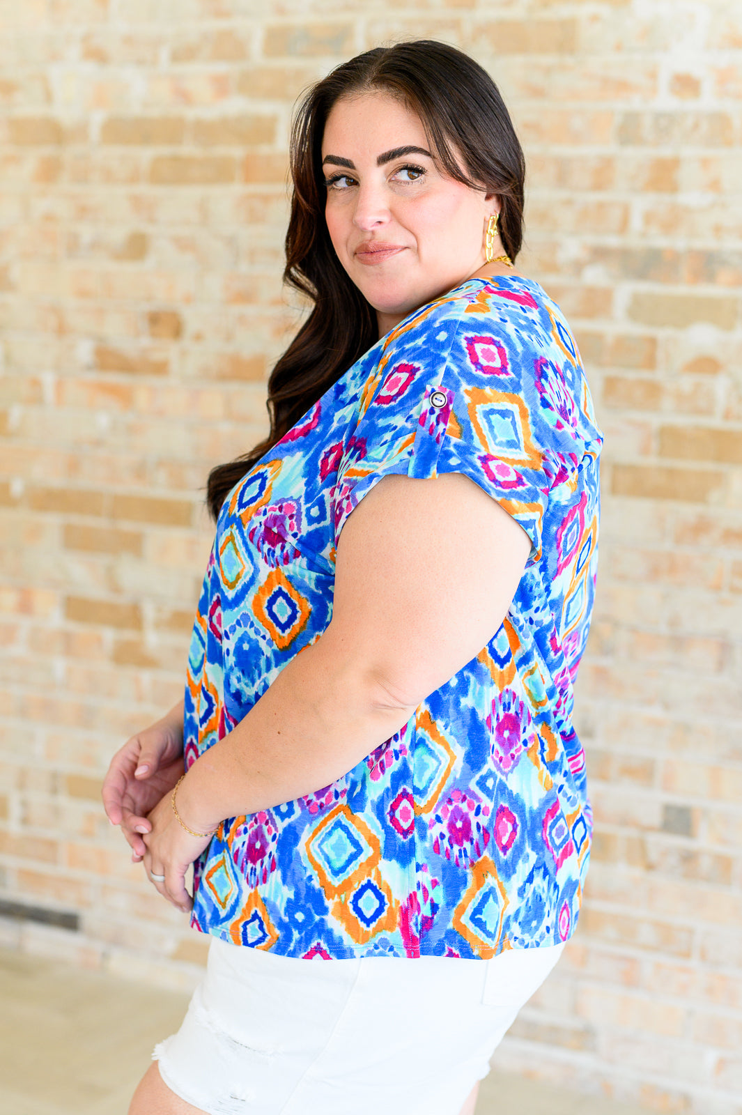 Lizzy Cap Sleeve Top in Blue and Magenta Ikat-Short Sleeve Tops-Inspired by Justeen-Women's Clothing Boutique