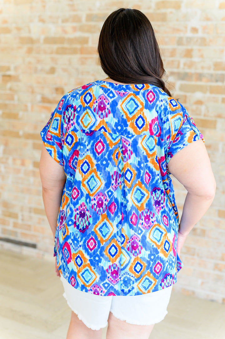 Lizzy Cap Sleeve Top in Blue and Magenta Ikat-Short Sleeve Tops-Inspired by Justeen-Women's Clothing Boutique