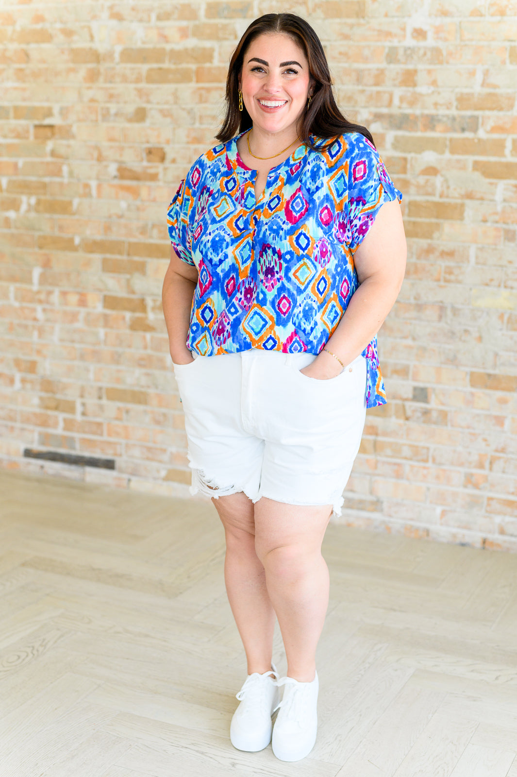 Lizzy Cap Sleeve Top in Blue and Magenta Ikat-Short Sleeve Tops-Inspired by Justeen-Women's Clothing Boutique