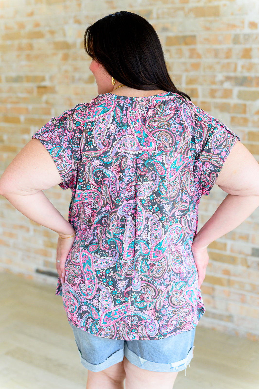 Lizzy Cap Sleeve Top in Charcoal and Pink Paisley-Short Sleeve Tops-Inspired by Justeen-Women's Clothing Boutique