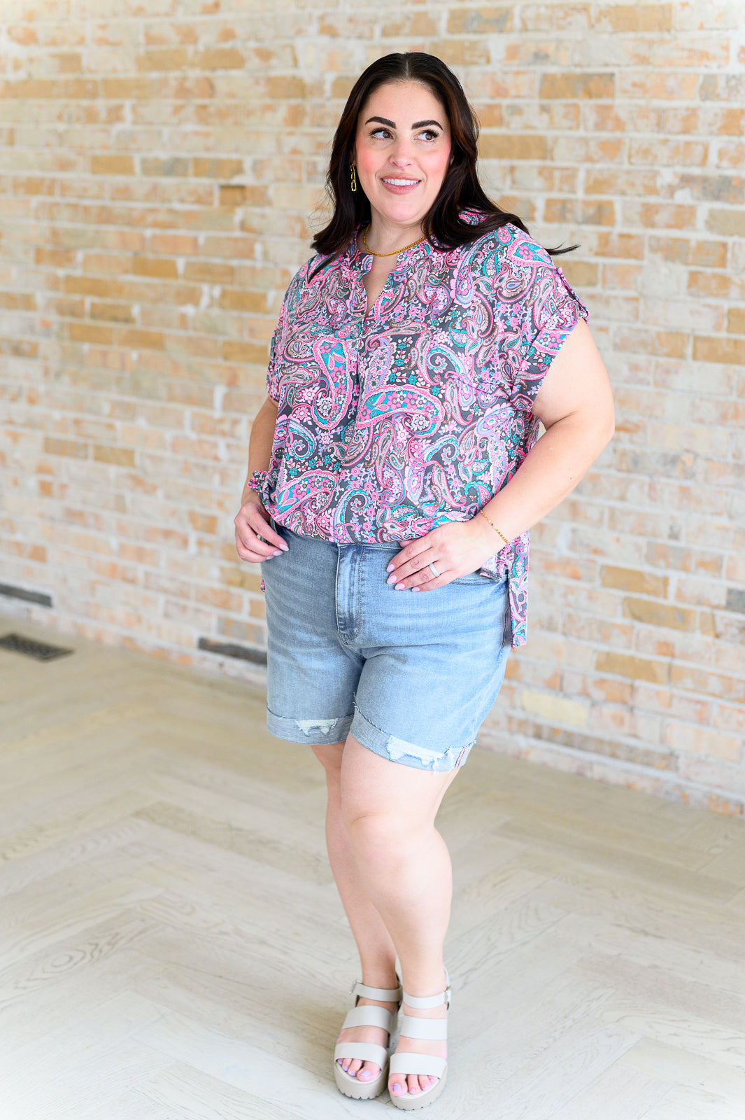 Lizzy Cap Sleeve Top in Charcoal and Pink Paisley-Short Sleeve Tops-Inspired by Justeen-Women's Clothing Boutique