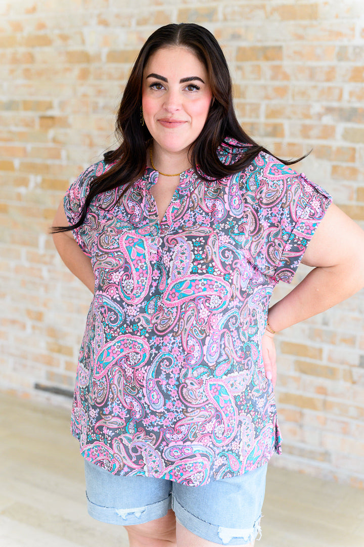 Lizzy Cap Sleeve Top in Charcoal and Pink Paisley-Short Sleeve Tops-Inspired by Justeen-Women's Clothing Boutique