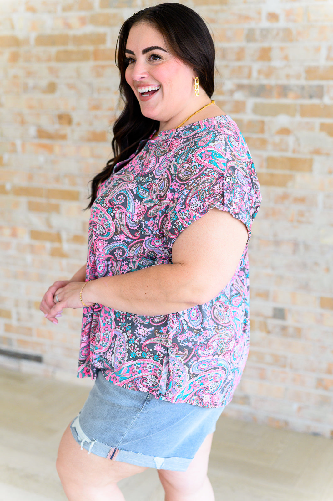 Lizzy Cap Sleeve Top in Charcoal and Pink Paisley-Short Sleeve Tops-Inspired by Justeen-Women's Clothing Boutique