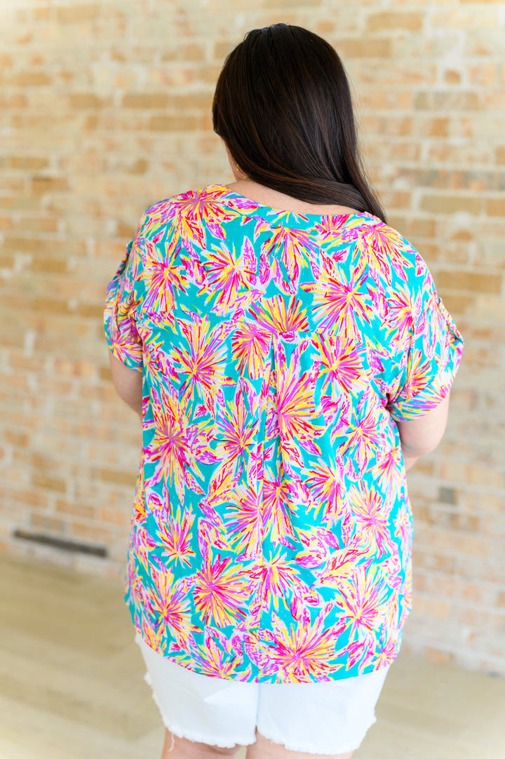 Lizzy Cap Sleeve Top in Emerald Multi Palm Trees-Short Sleeve Tops-Inspired by Justeen-Women's Clothing Boutique