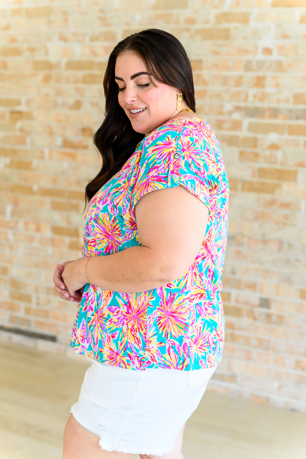 Lizzy Cap Sleeve Top in Emerald Multi Palm Trees-Short Sleeve Tops-Inspired by Justeen-Women's Clothing Boutique