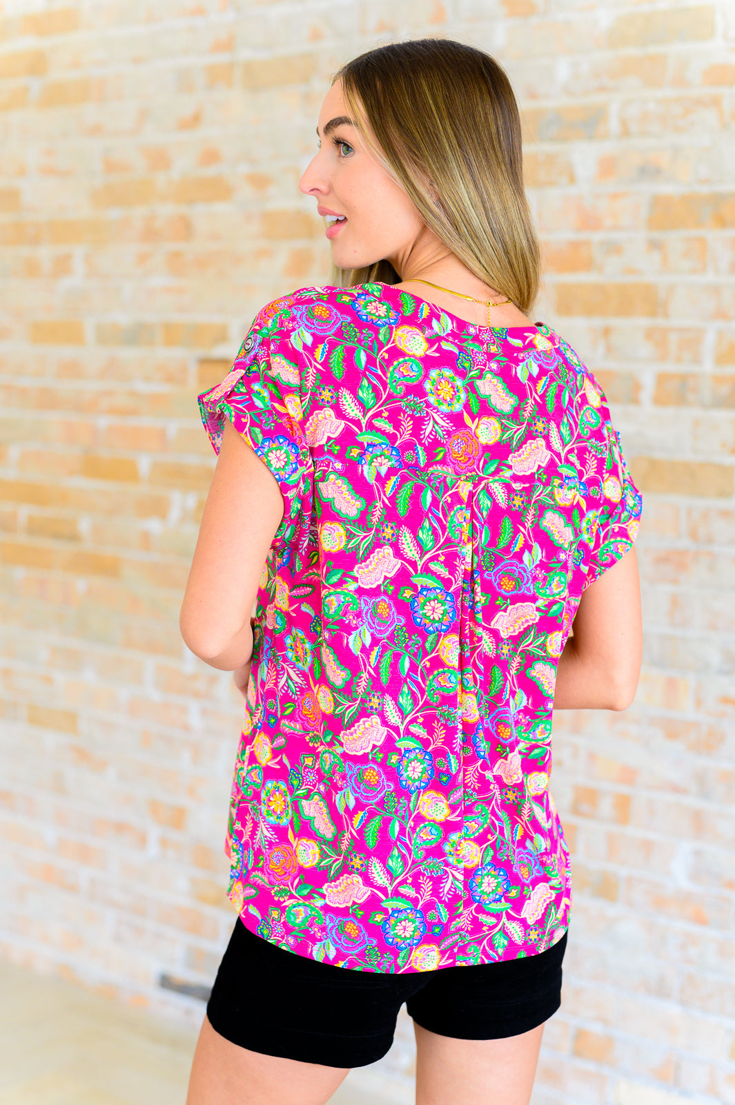 Lizzy Cap Sleeve Top in Fuchsia and Green Floral Paisley-Short Sleeve Tops-Inspired by Justeen-Women's Clothing Boutique