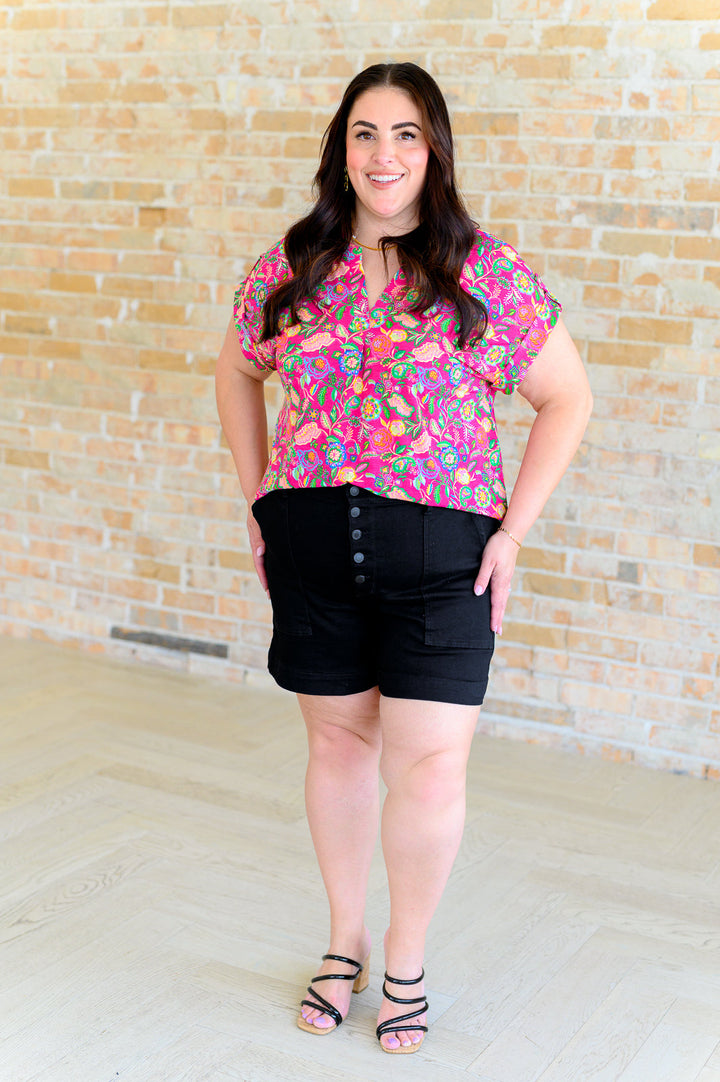 Lizzy Cap Sleeve Top in Fuchsia and Green Floral Paisley-Short Sleeve Tops-Inspired by Justeen-Women's Clothing Boutique