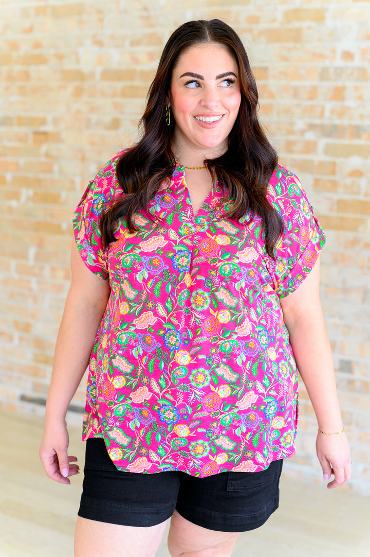 Lizzy Cap Sleeve Top in Fuchsia and Green Floral Paisley-Short Sleeve Tops-Inspired by Justeen-Women's Clothing Boutique