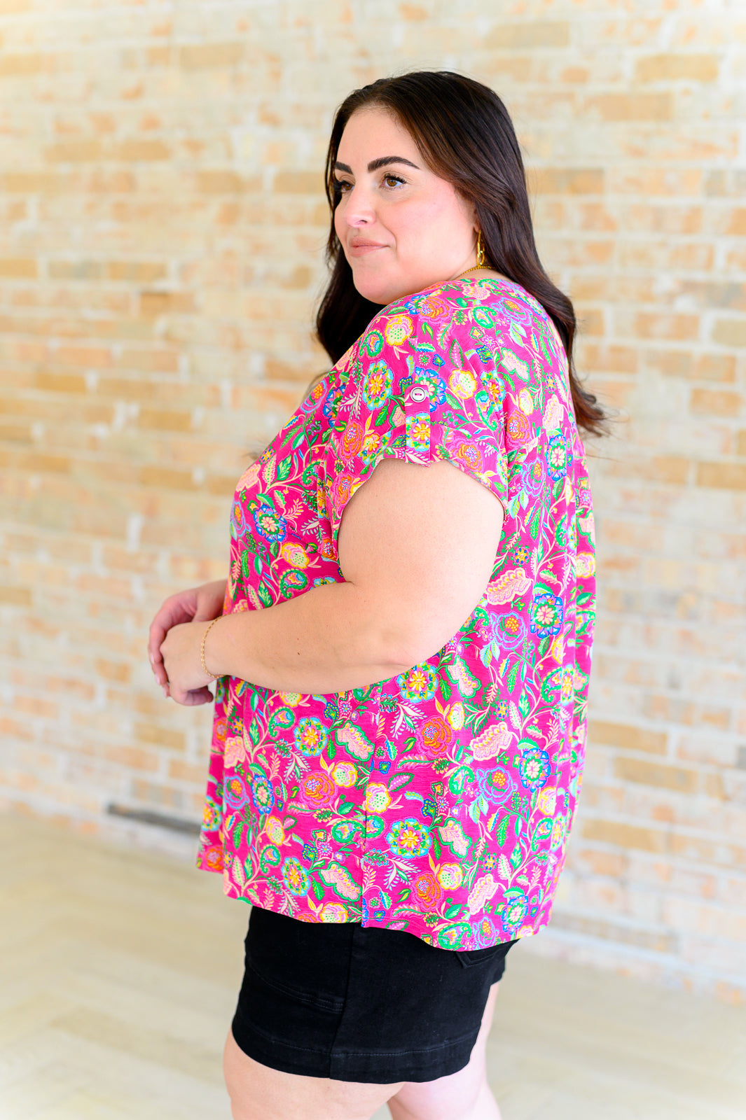 Lizzy Cap Sleeve Top in Fuchsia and Green Floral Paisley-Short Sleeve Tops-Inspired by Justeen-Women's Clothing Boutique