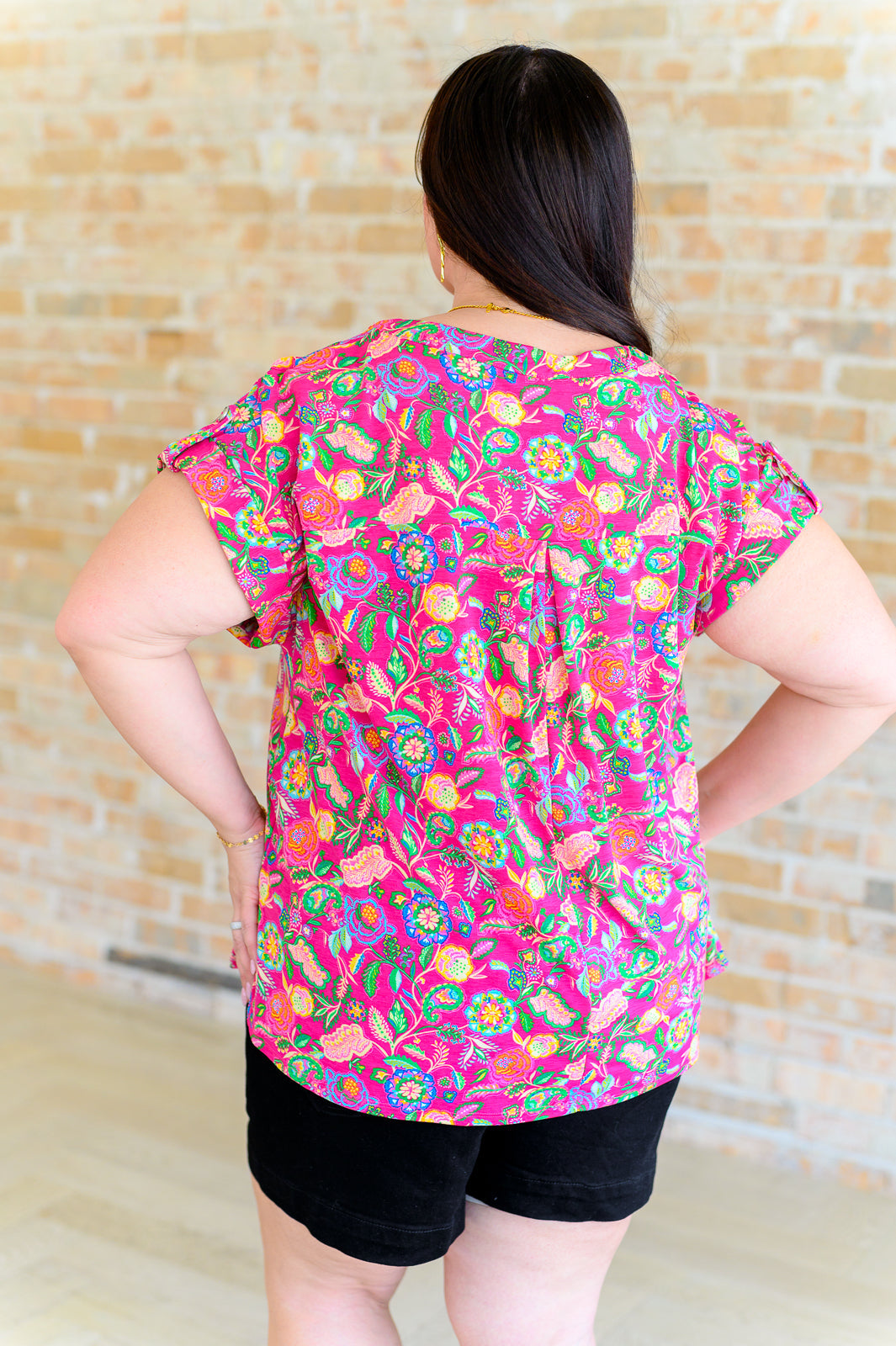 Lizzy Cap Sleeve Top in Fuchsia and Green Floral Paisley-Short Sleeve Tops-Inspired by Justeen-Women's Clothing Boutique