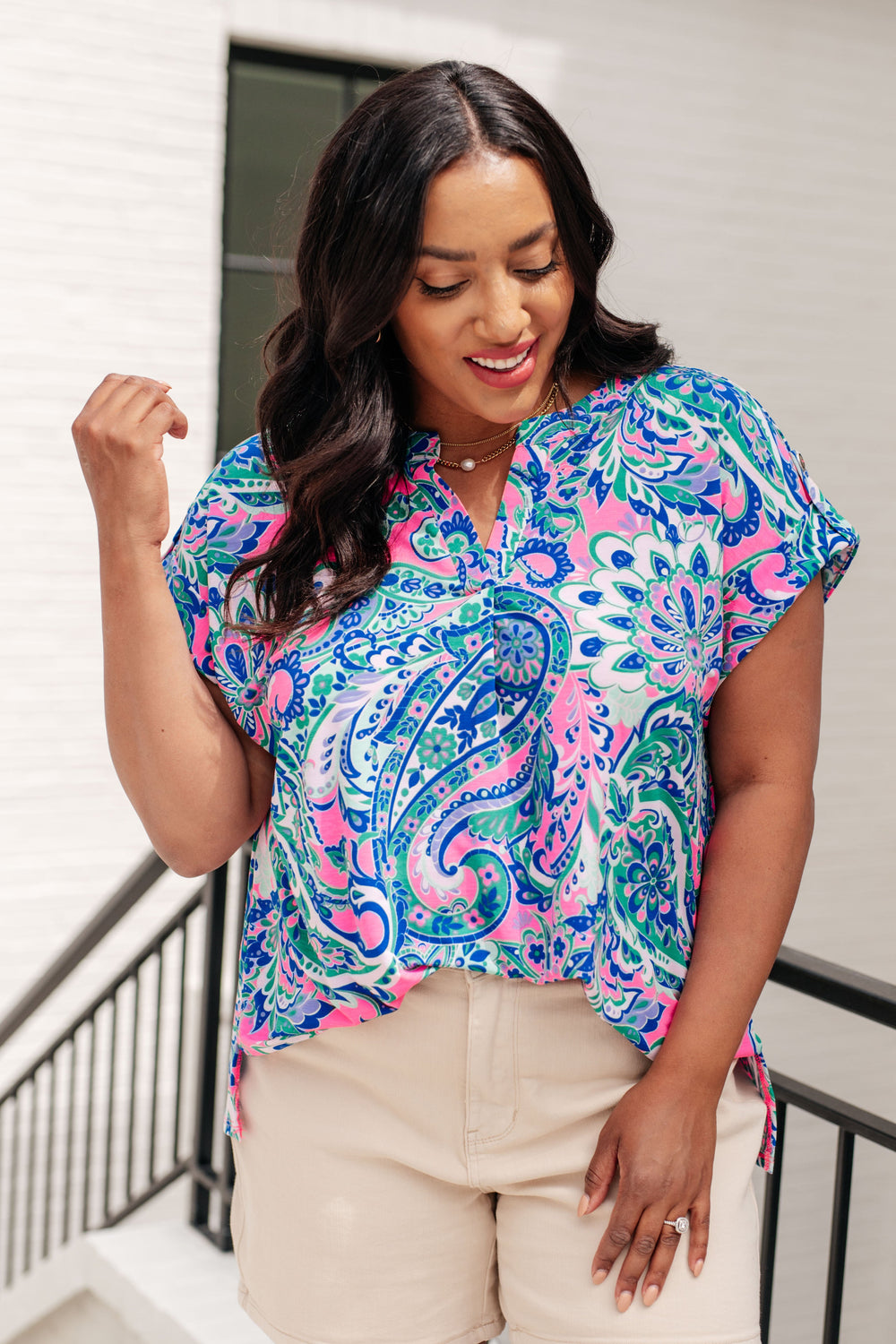 Lizzy Cap Sleeve Top in Pink and Jade Paisley Mix-Short Sleeve Tops-Inspired by Justeen-Women's Clothing Boutique in Chicago, Illinois