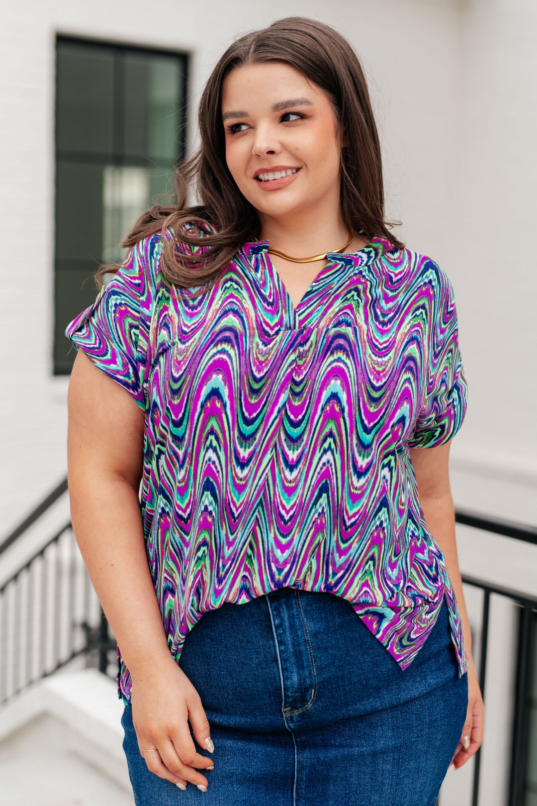 Lizzy Cap Sleeve Top in Purple Multi Marble-Short Sleeve Tops-Inspired by Justeen-Women's Clothing Boutique in Chicago, Illinois