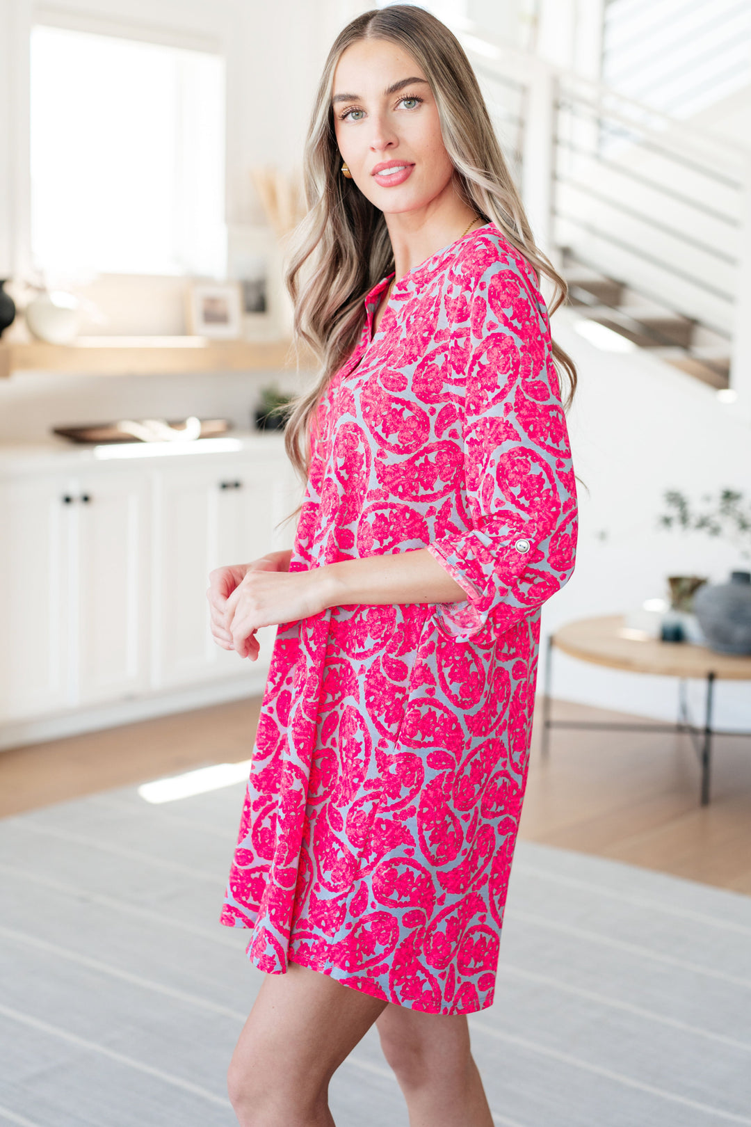 Lizzy Dress in Grey and Pink Paisley-Dresses-Inspired by Justeen-Women's Clothing Boutique