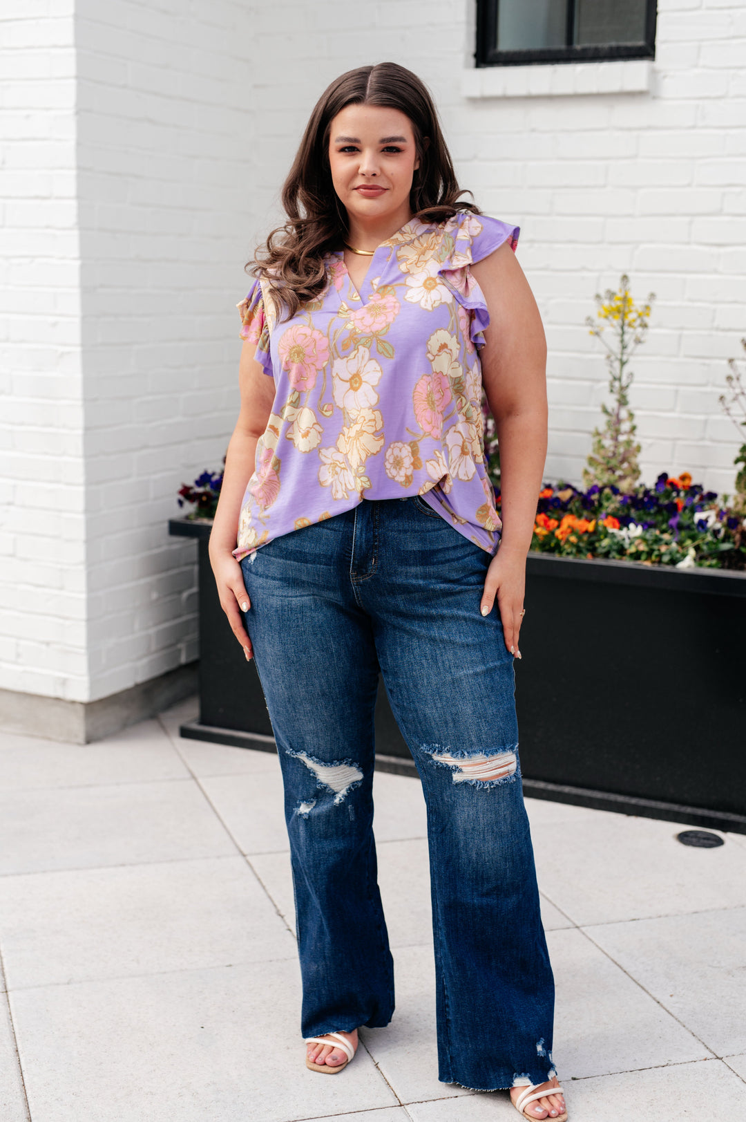 Lizzy Flutter Sleeve Top in Lavender French Floral-Short Sleeve Tops-Inspired by Justeen-Women's Clothing Boutique