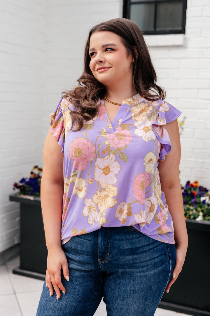 Lizzy Flutter Sleeve Top in Lavender French Floral-Short Sleeve Tops-Inspired by Justeen-Women's Clothing Boutique