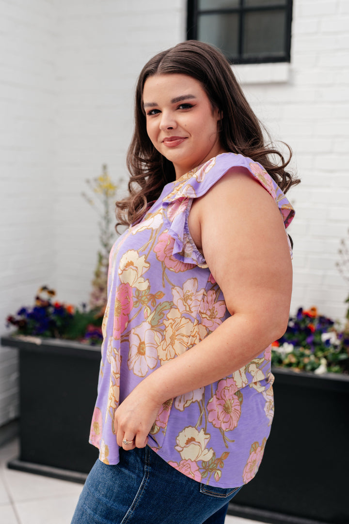 Lizzy Flutter Sleeve Top in Lavender French Floral-Short Sleeve Tops-Inspired by Justeen-Women's Clothing Boutique