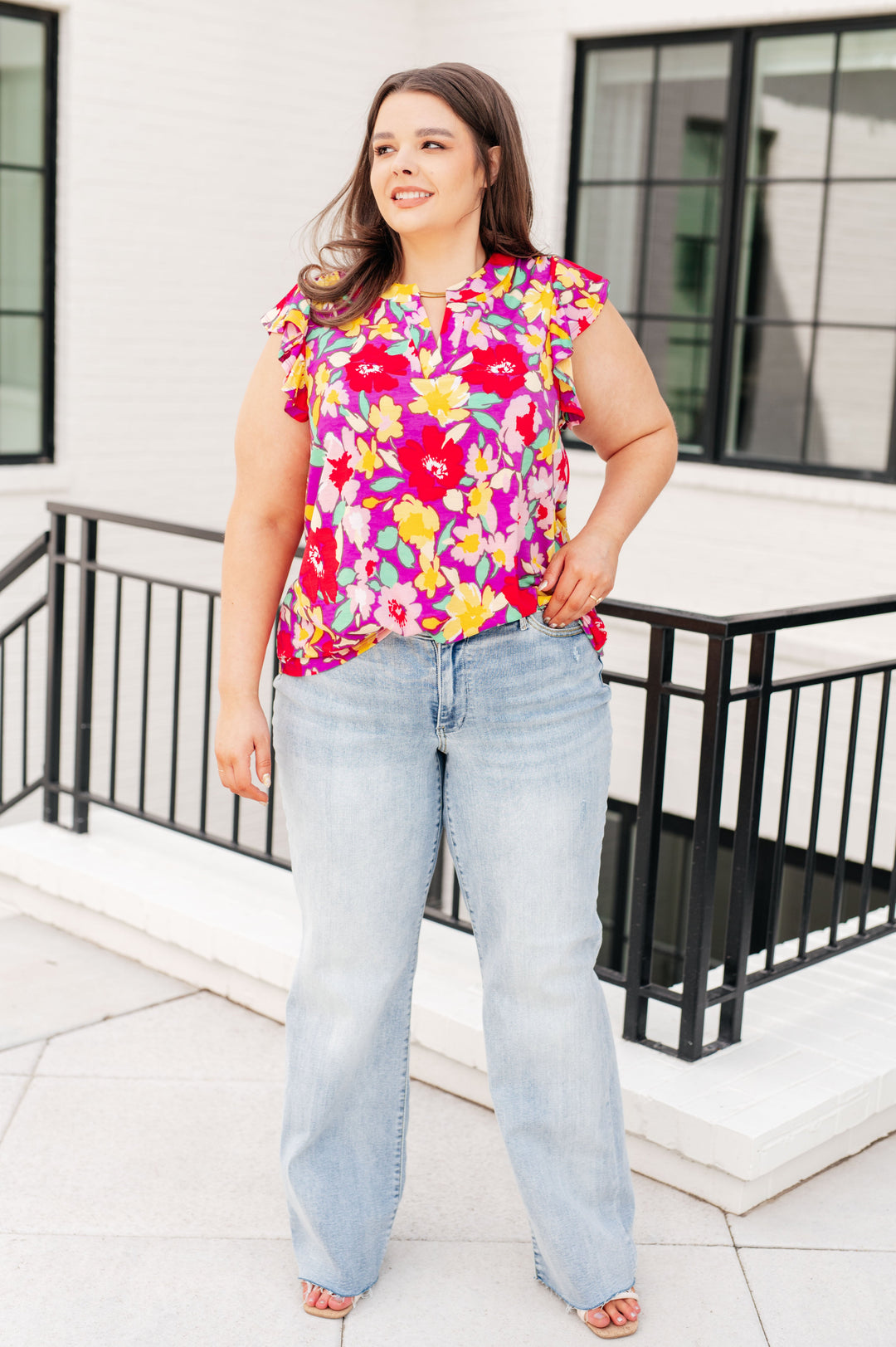 Lizzy Flutter Sleeve Top in Magenta and Yellow Floral-Short Sleeve Tops-Inspired by Justeen-Women's Clothing Boutique