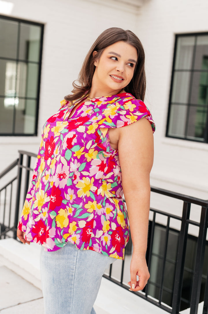 Lizzy Flutter Sleeve Top in Magenta and Yellow Floral-Short Sleeve Tops-Inspired by Justeen-Women's Clothing Boutique