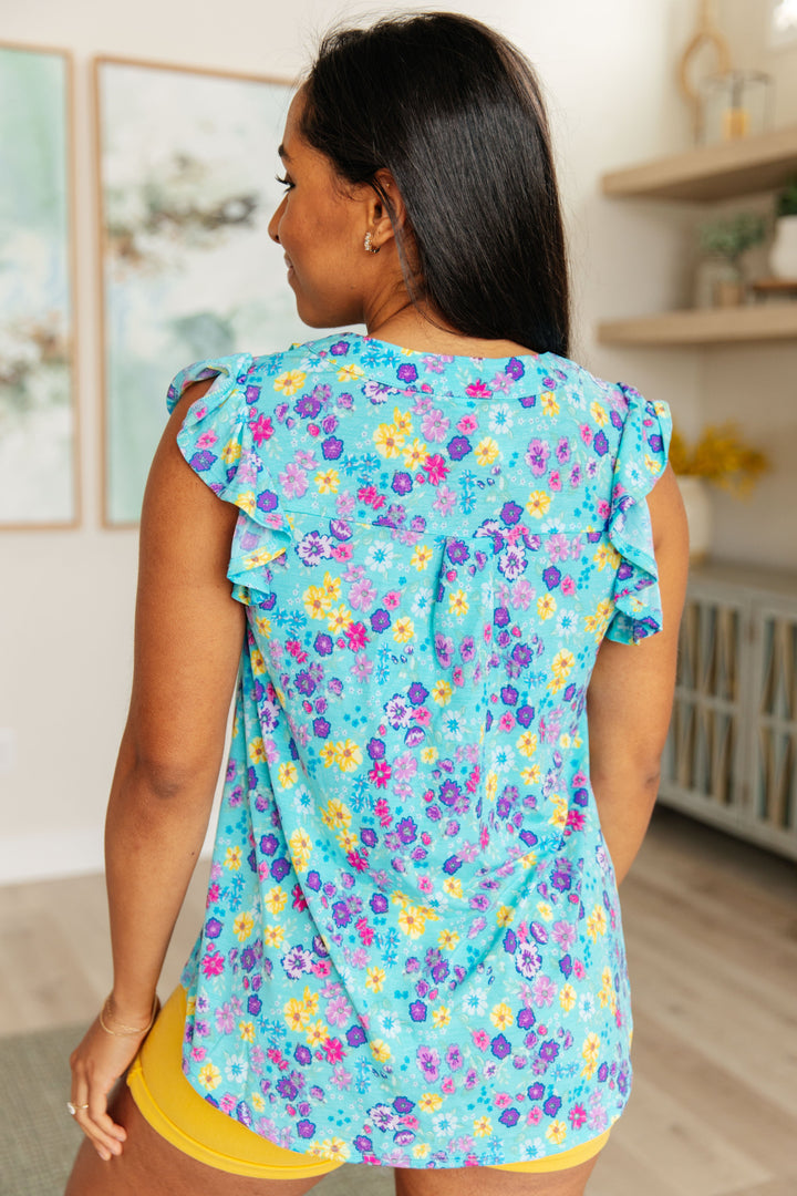 Lizzy Flutter Sleeve Top in Teal and Purple Floral-Short Sleeve Tops-Inspired by Justeen-Women's Clothing Boutique