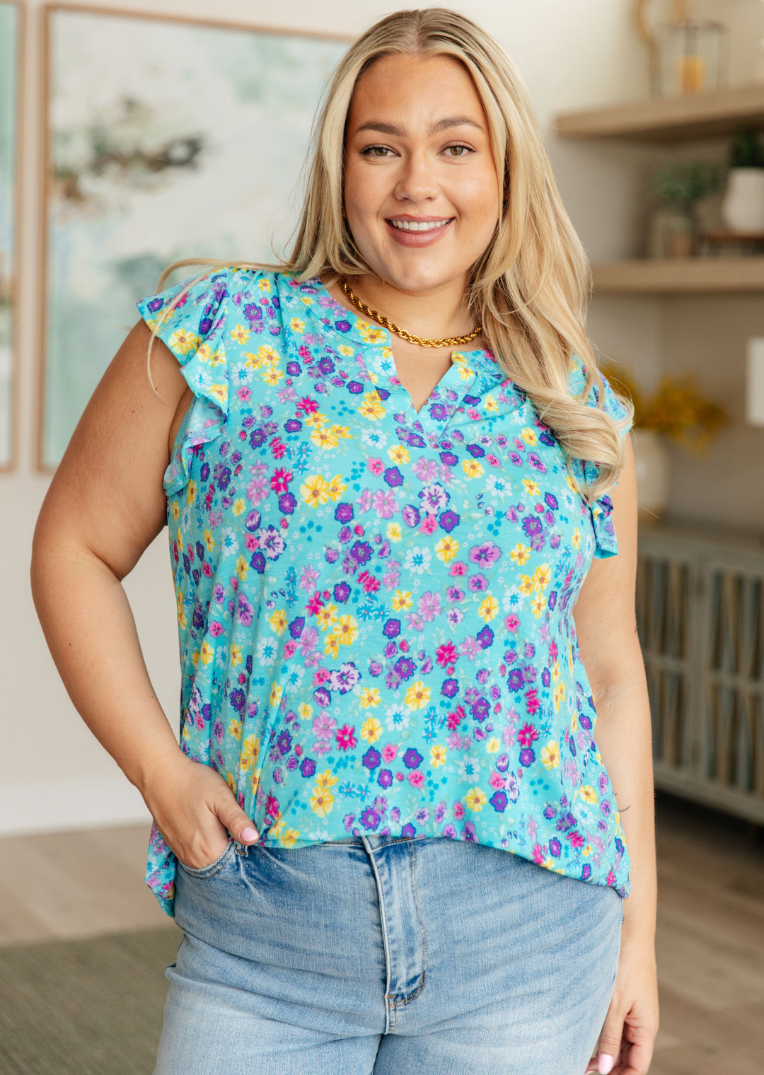 Lizzy Flutter Sleeve Top in Teal and Purple Floral-Short Sleeve Tops-Inspired by Justeen-Women's Clothing Boutique