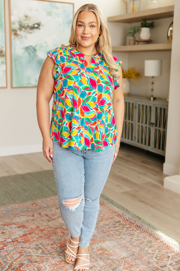 Lizzy Flutter Sleeve Top in Teal and Red Mod Floral-Short Sleeve Tops-Inspired by Justeen-Women's Clothing Boutique