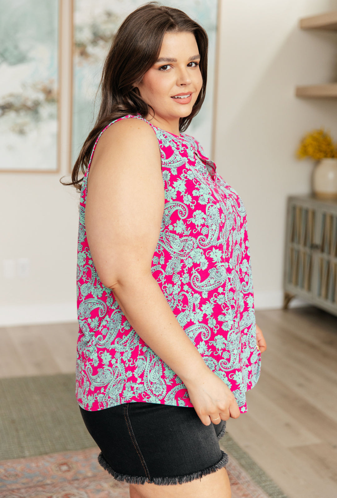 Lizzy Tank Top in Pink and Mint Paisley-Short Sleeve Tops-Inspired by Justeen-Women's Clothing Boutique