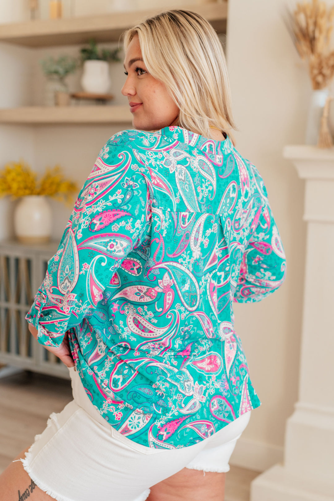 Lizzy Top in Aqua and Pink Paisley-Short Sleeve Tops-Inspired by Justeen-Women's Clothing Boutique in Chicago, Illinois