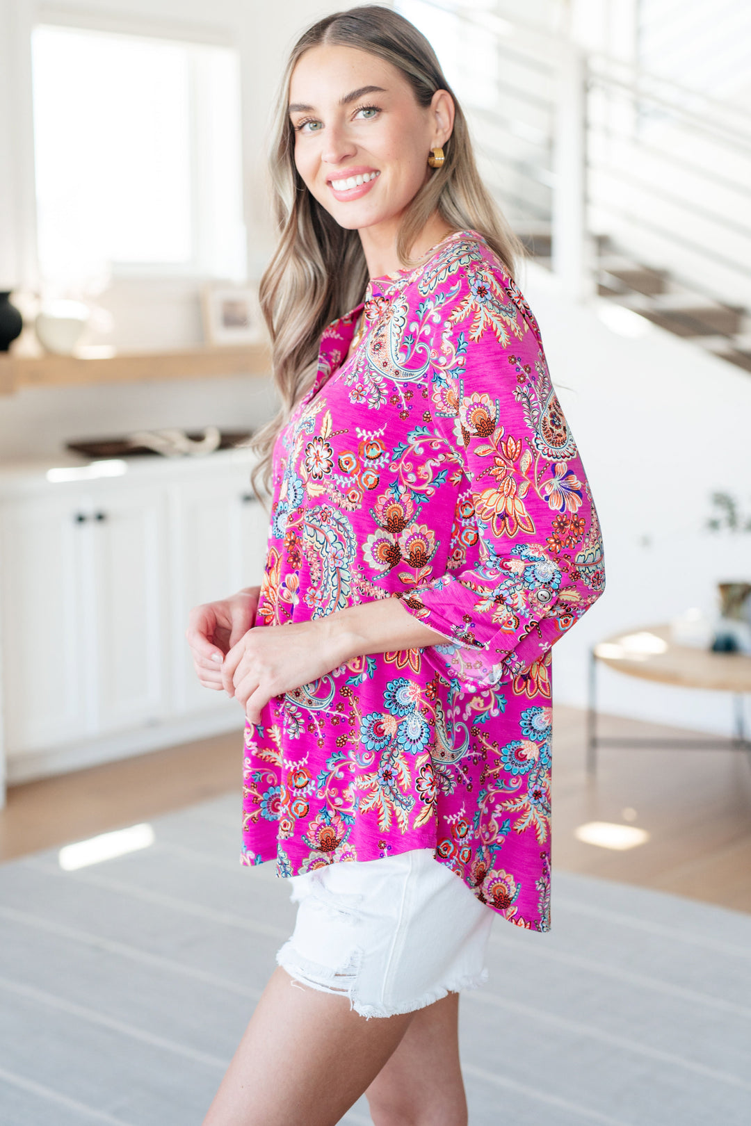 Lizzy Top in Magenta Floral Paisley-Short Sleeve Tops-Inspired by Justeen-Women's Clothing Boutique