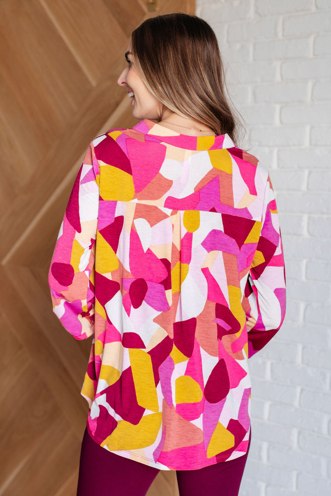 Lizzy Top in Magenta and Mustard Abstract-110 Long Sleeve Tops-Inspired by Justeen-Women's Clothing Boutique