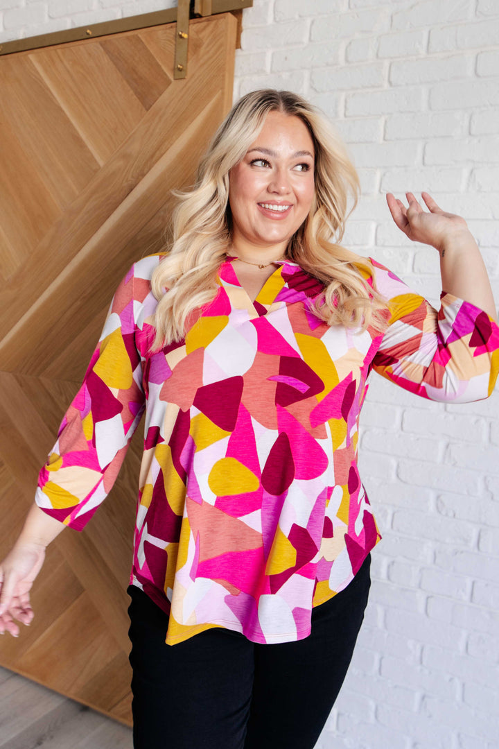 Lizzy Top in Magenta and Mustard Abstract-110 Long Sleeve Tops-Inspired by Justeen-Women's Clothing Boutique