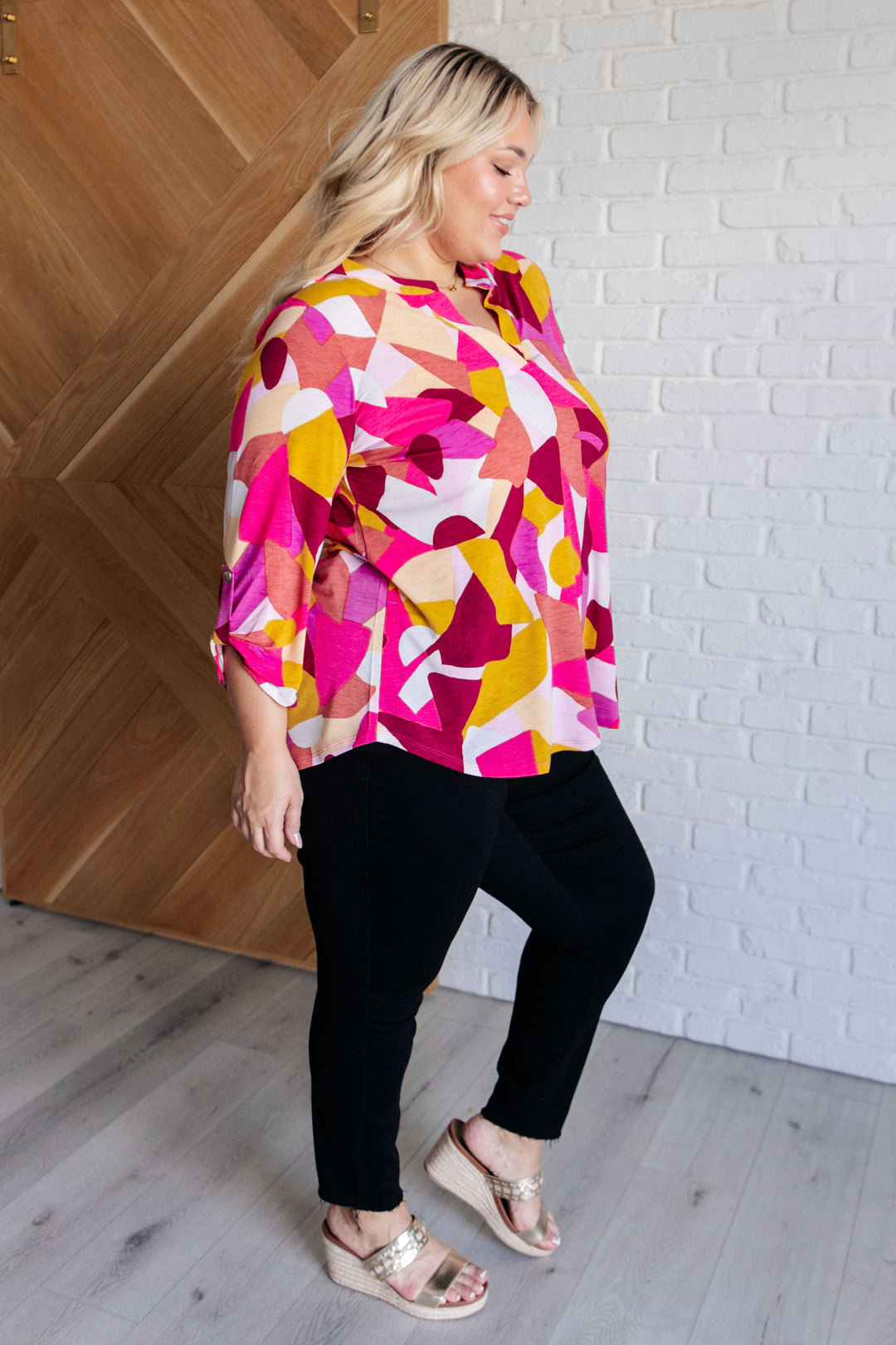 Lizzy Top in Magenta and Mustard Abstract-110 Long Sleeve Tops-Inspired by Justeen-Women's Clothing Boutique