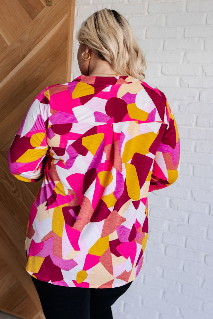 Lizzy Top in Magenta and Mustard Abstract-110 Long Sleeve Tops-Inspired by Justeen-Women's Clothing Boutique