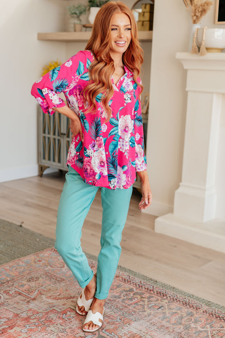 Lizzy Top in Magenta and Teal Tropical Floral-Short Sleeve Tops-Inspired by Justeen-Women's Clothing Boutique in Chicago, Illinois