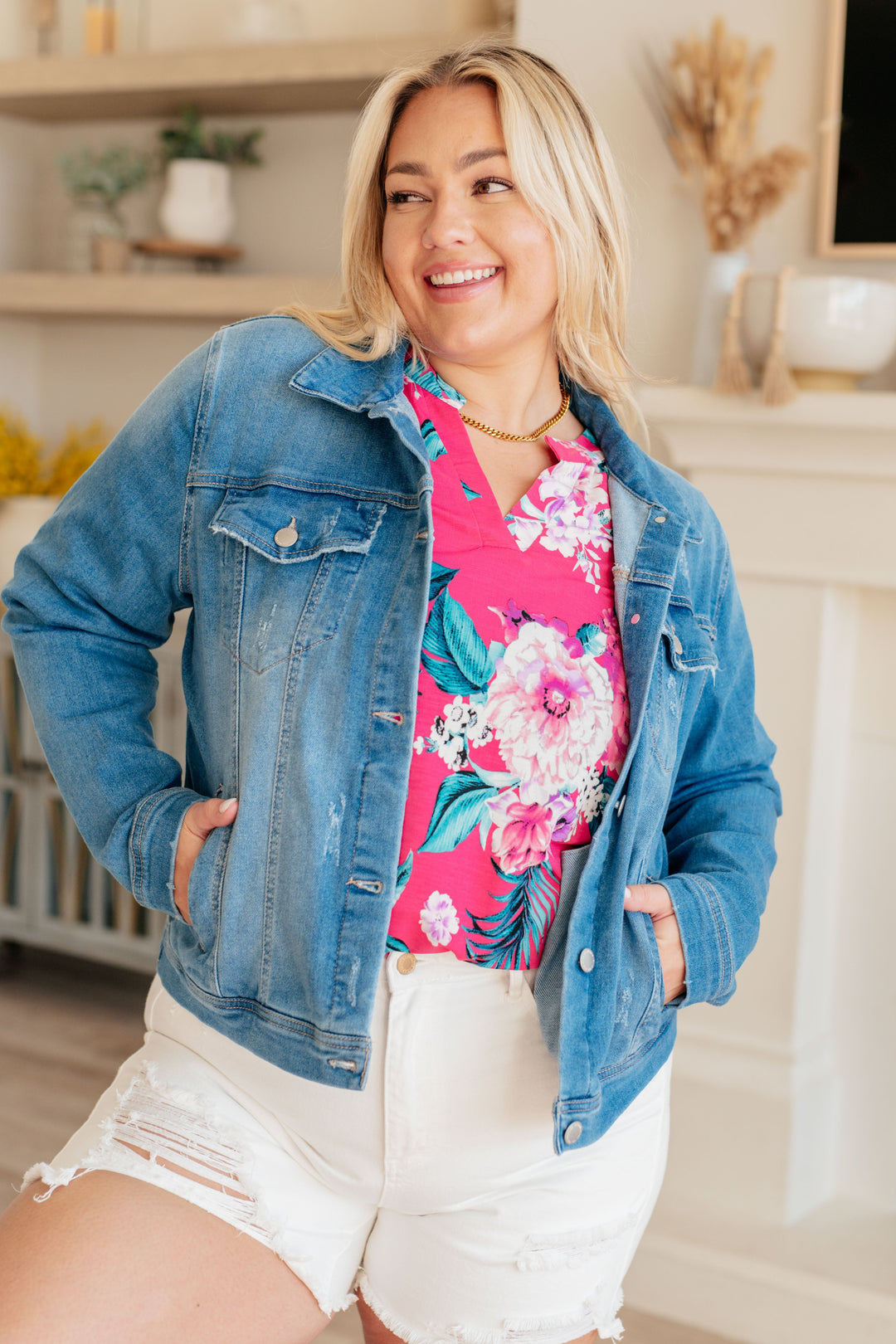 Lizzy Top in Magenta and Teal Tropical Floral-Short Sleeve Tops-Inspired by Justeen-Women's Clothing Boutique in Chicago, Illinois