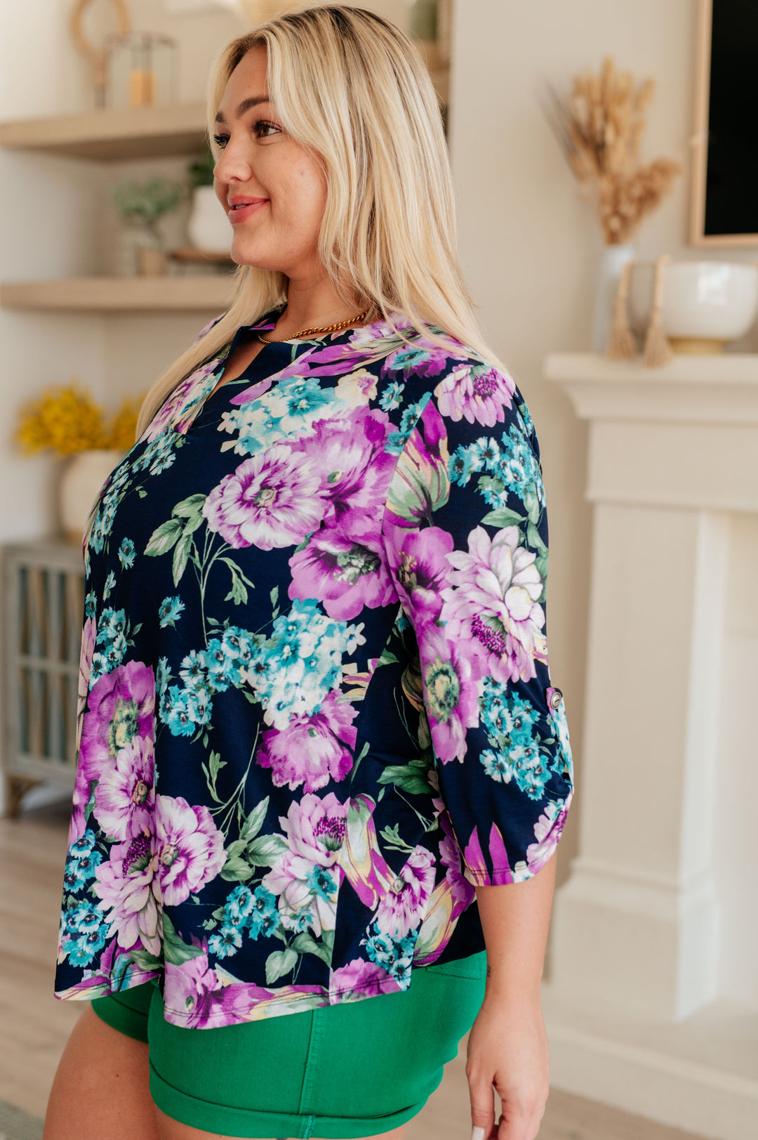 Lizzy Top in Navy and Purple Floral-Short Sleeve Tops-Inspired by Justeen-Women's Clothing Boutique in Chicago, Illinois