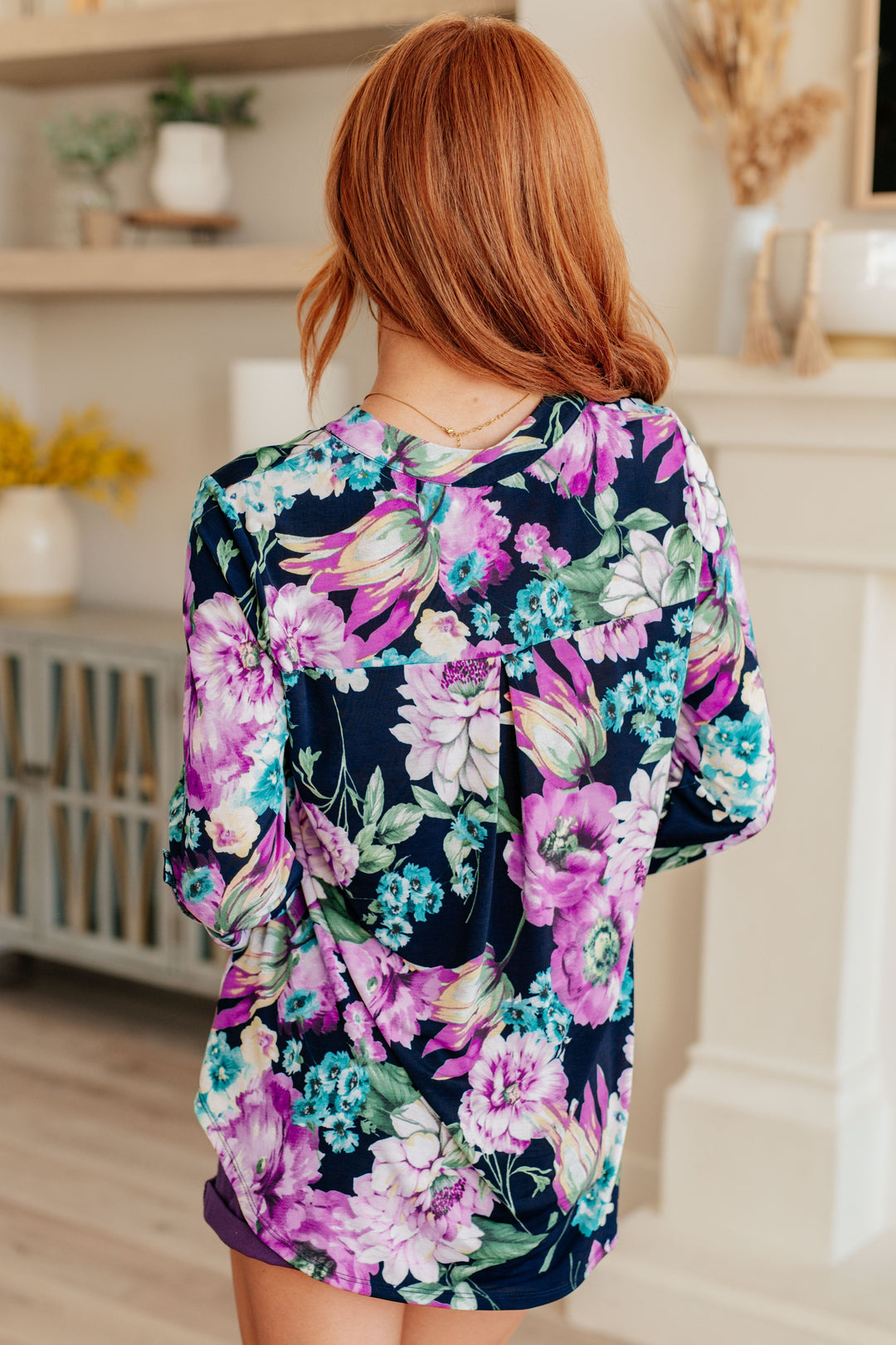 Lizzy Top in Navy and Purple Floral-Short Sleeve Tops-Inspired by Justeen-Women's Clothing Boutique in Chicago, Illinois